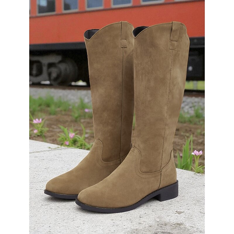 Women's Khaki Mid Calf Boots – Casual Western Style Low Heel Boots for Fall and Everyday Wear3