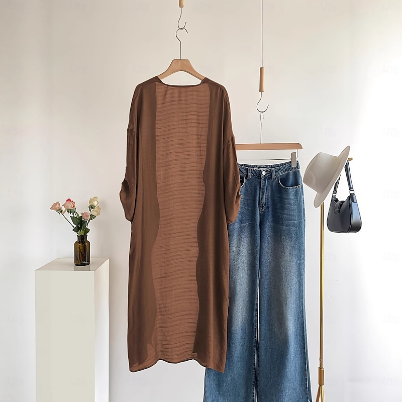 Women's Shacket Comfortable Print Elegant Vintage Fashion Solid Color School Outdoor Vacation Home Cardigan Long Collarless Loose Fit Long Sleeve Outerwear dark brown Black Spring Fall3