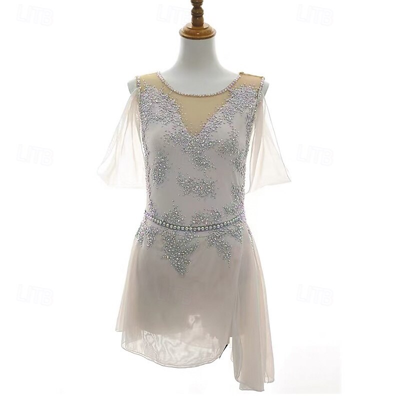 Figure Skating Dress Women's Girls' Ice Skating Dress White Patchwork Open Back Mesh Spandex Stretchy Training Practice Professional Skating Wear Thermal Warm Crystal / Rhinestone Short Sleeve Ice