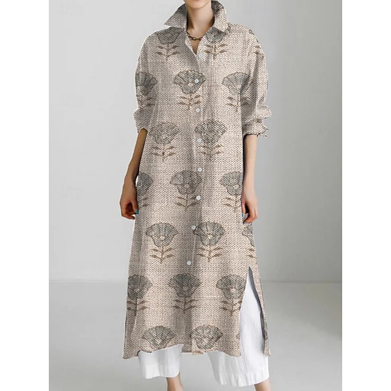 Women's Midi Dress Shirt Dress Casual Dress Fashion Modern Daily Holiday Weekend Regular Fit Floral Graphic 3/4 Length Sleeve Shirt Collar Pink Khaki Gray Summer Spring Fall