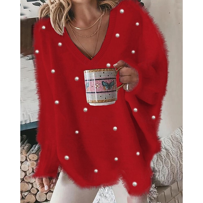 Women's Sweater Pullover Sweatshirt Fuzzy Cozy T Shirt Plain Ribbed Knitted Casual Long Sleeve V Neck Tops Daily Going out Weekend Lace Oversized Red Fall Winter