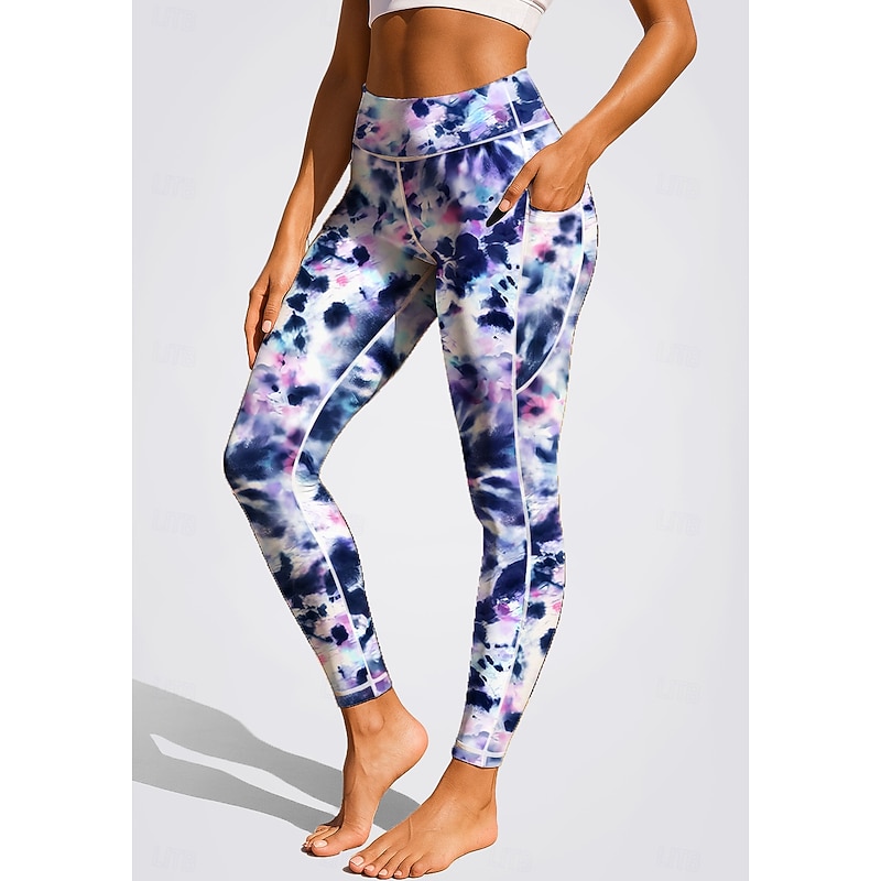 Women's pilates leggings fitness pants Gym Leggings Pockets Stamp Duty Side Pockets Pilates Gym Gym Workout Pants Tights Leggings Graphic Tie Dye Color Gradient Blue and White Sports Activewear3