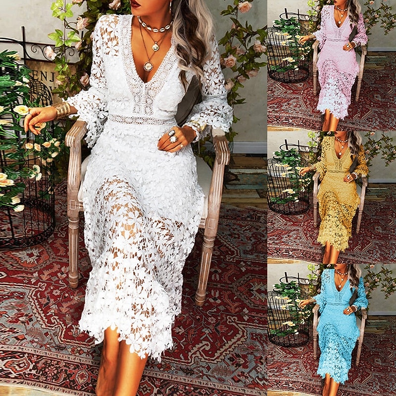 Women's Long Dress Maxi Dress Lace Dress Casual Dress Summer Dress Fashion Modern Daily Beach Weekend Regular Fit Plain Long Sleeve V Neck White Yellow Pink Blue Summer Spring