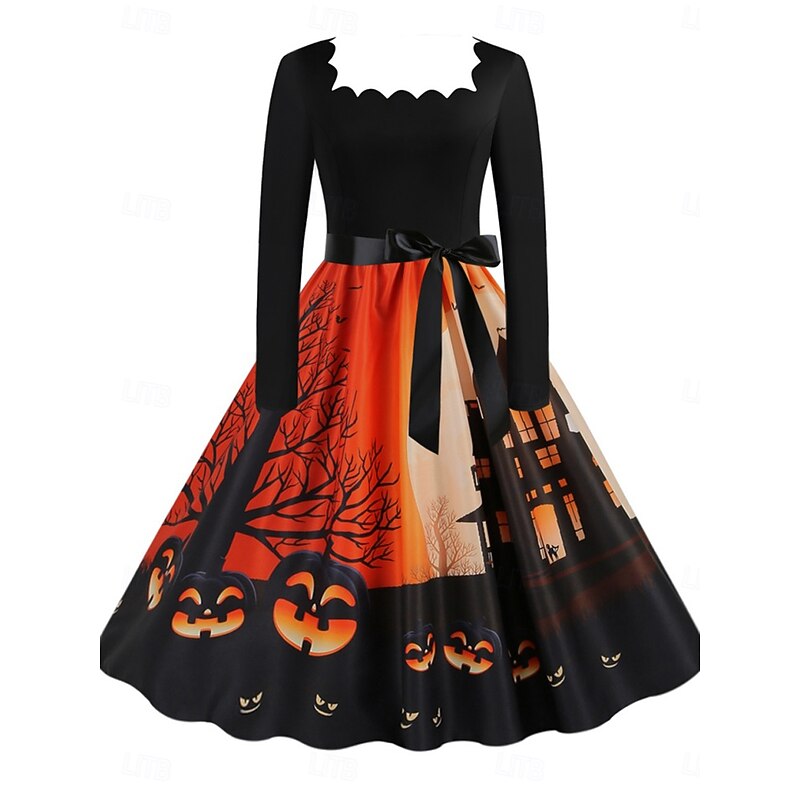 Halloween Women's Castle Print Midi Dress A Line Dress Casual Daily Holiday Regular Fit Pumpkin Long Sleeve Square Neck Dark Yellow Black Yellow Orange Summer Spring Fall2