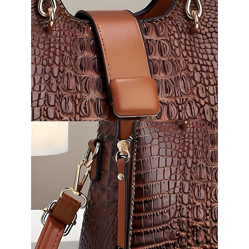 Women's Croc-Embossed Top-Handle Satchel – Structured Medium Tote Handbag with Detachable Crossbody Strap, Zip Accents & Gold Hardware for Work, Office, Travel & Everyday3