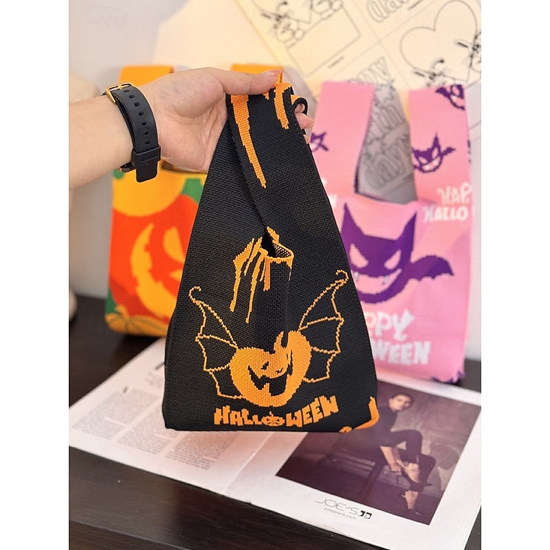 Women's Halloween Tote Bag – Knitted Pumpkin and Bat Pattern Trick or Treat Handbag, Casual Reusable Shoulder Bag for Party, Shopping and Holiday Gift