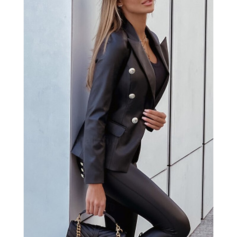 Women's Faux Leather Jacket Casual Jacket Comfortable Buttons Fashion Modern Outdoor Plain Going out Casual Daily Weekend Double Breasted Regular Lapel Regular Fit Long Sleeve Outerwear Black Wine2
