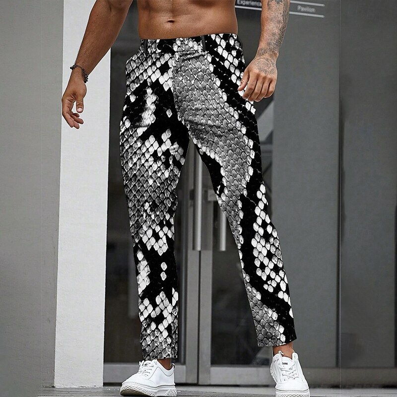 Men's Optical Illusion Snakeskin Dress Pants Trousers Suit Pants Mid Waist Casual Outdoor Straight Leg Pants with Pockets Spring Fall 3D Print Blue Green Gray3