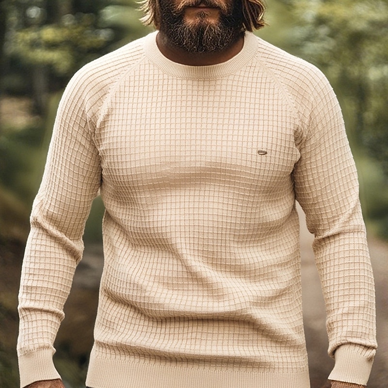Men's Pullover Sweater Jumper Knit Sweater Waffle Knit Regular Tops Knitted Plain Crew Neck Fashion Basic Vacation Daily Wear Clothing Apparel Fall Winter Navy Blue Blue S M L