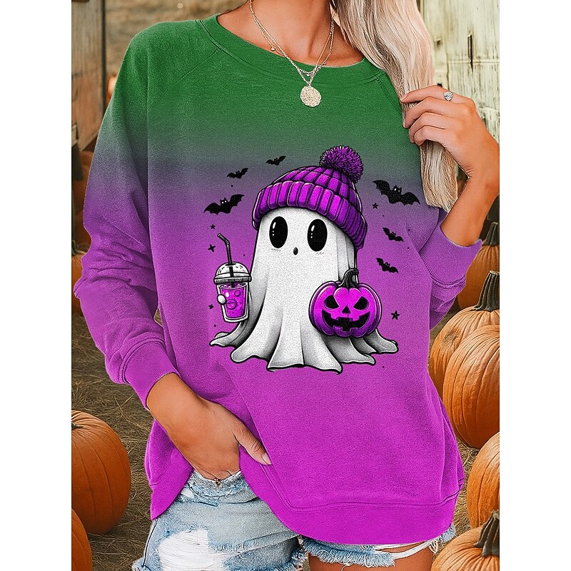 Halloween Women's Sweatshirts Ghost Graphic Fashion Casual Long Sleeve Crew Neck Regular Tops Street Dailywear Casual Print Blue Purple Orange Green Fall Winter4