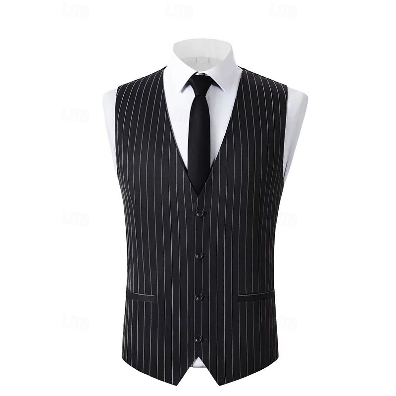 Men's Casual Semi Formal Business Suits Notch Lapel Black Formal Striped Tailored Fit 3 Piece Single Breasted Two-buttons4
