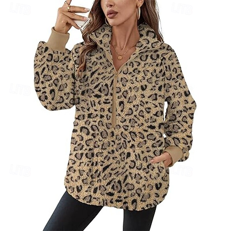Women's Trench Coat Warm Comfortable Zipper Pocket Fashion Outdoor Leopard Going out Weekend Zipper Regular Lapel Regular Fit Long Sleeve Outerwear Yellow Apricot Coffee Fall Winter3