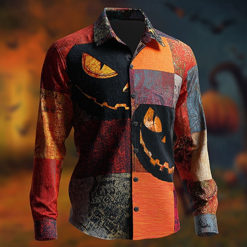 Halloween Men's Color Block Pumpkin Patchwork Shirt Button Up Shirt Long Sleeve Dark Gothic Style Holiday Streetwear Summer Spring Turndown 3D Print Collared Shirts Blue Purple Orange Green