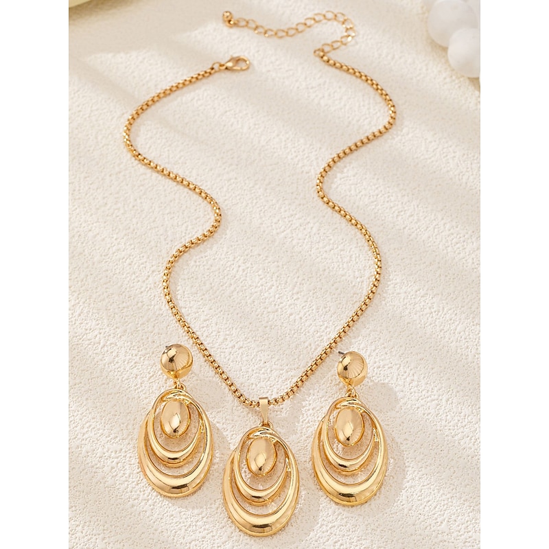 Women's Gold-Tone Statement Necklace and Earrings Set with Layered Oval Design, Elegant Jewelry for Parties and Special Occasions4