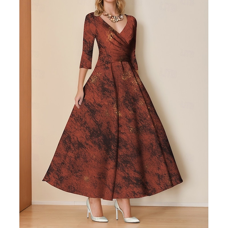 Rust Jacquard A-Line Cocktail Dresses Elegant Dress Formal Wedding Floor Length 3/4 Length Sleeve V Neck Satin with Pleats Ruched - Main Image