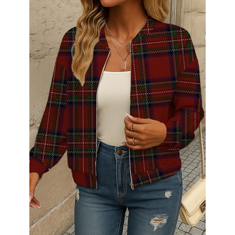Women's Bomber Jacket Casual Jacket Comfortable Breathable Zipper Pocket Print Casual Plaid Vacation Street Casual Daily Wear Zipper Regular Stand Collar Loose Fit Long Sleeve Outerwear Black White3