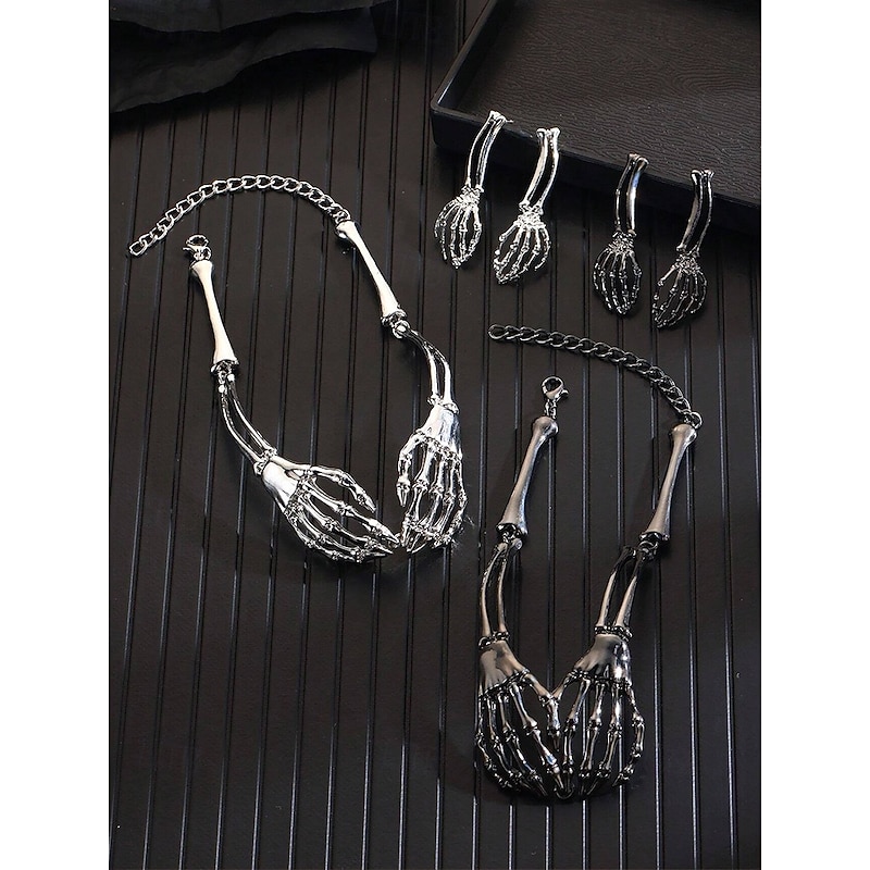 Women's Halloween Skeleton Hand Necklace Earrings Set, Gothic Punk Style, Perfect for Costume Parties and Avant-garde Costumes2