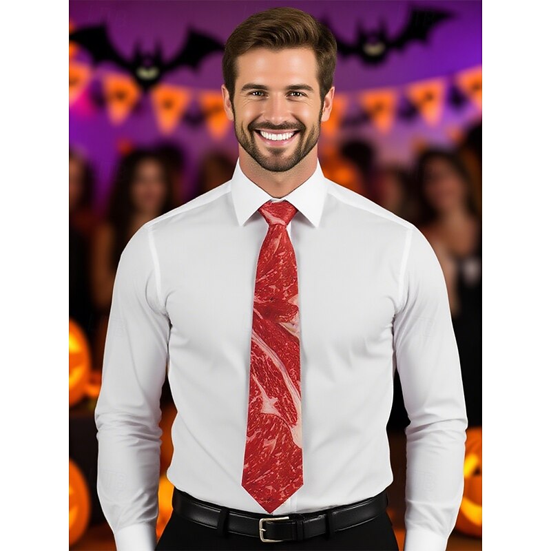 Men's Halloween Meat Print Necktie – Funny and Unique Steak and Bacon Design, Perfect for Halloween Parties and Costume Events3