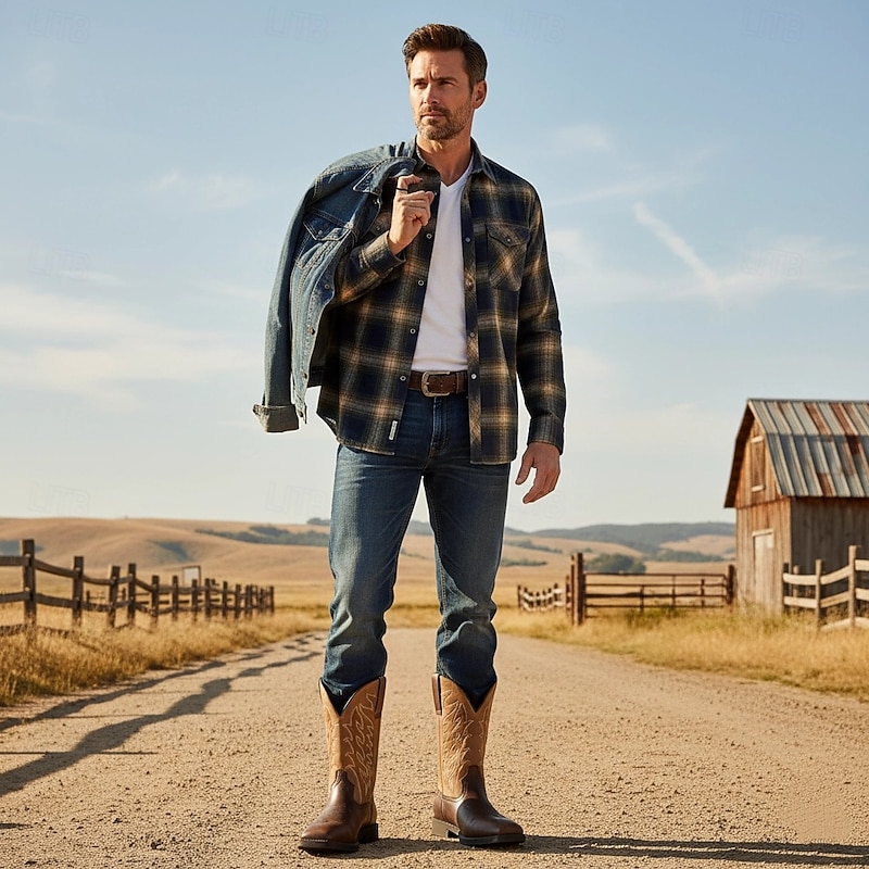 Men's Two-Tone Faux Leather Western Cowboy Boots – Classic Embroidered Design, Durable Construction, Perfect for Riding, Outdoor, and Casual Wear4