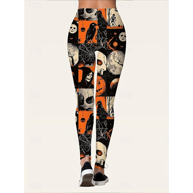 Women's Leggings Vacation Vintage Fashion Full Length High WaistPantsHalloween Graphic Skull Pumpkin Printing Soft Breathable Stretchy Outdoor Vacation Street Orange Spring Fall Winter Slim Fit2