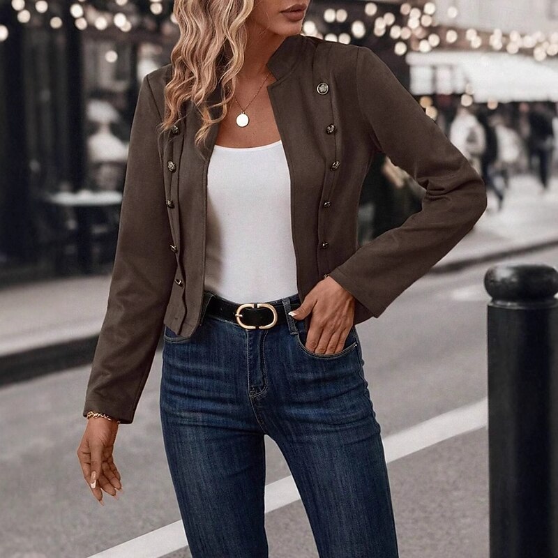 Women's Winter Jacket Warm Patchwork Buttons Elegant Vintage Fashion OL Style Plain School Outdoor Vacation Home Double Breasted Short Stand Collar Regular Fit Long Sleeve Outerwear Dark Khaki Light4