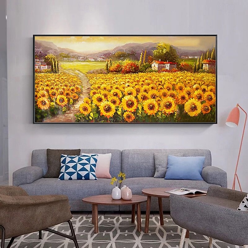 Mintura Handmade Textured Sunflower Landscape Oil Paintings On Canvas Wall Art Decoration Modern Abstract Picture For Home Decor Rolled Frameless Unstretched Painting