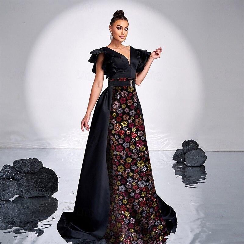 A-Line Evening Dresses Elegant Dress Formal Wedding Sweep / Brush Train Sleeveless V Neck Sequin Floral with Ruffles3