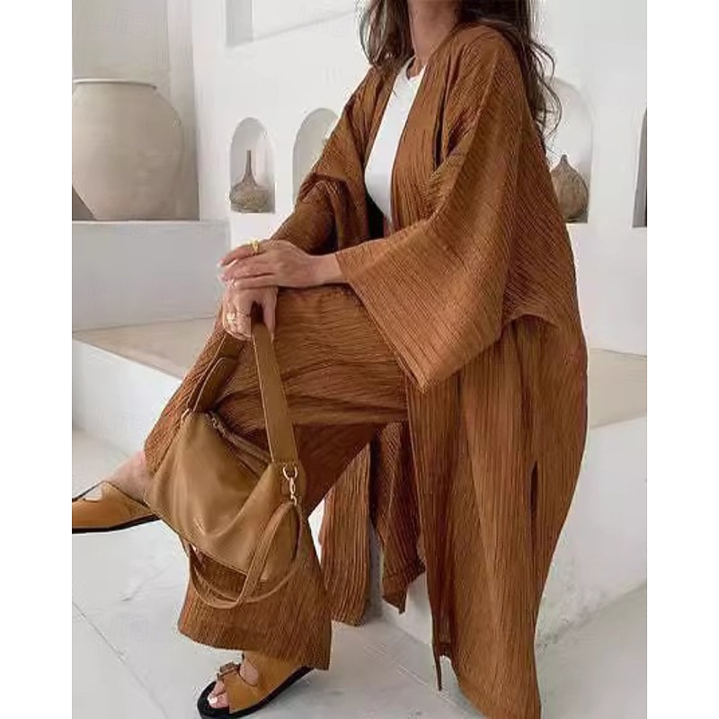 Women's Active Fashion Blouse Pants Sets Long Sleeve V Neck Solid Color Split Thigh Going out Casual Daily Dark Green Brown Khaki Fall Regular Fit