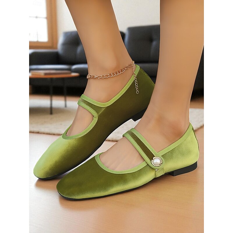 Women's Green Velvet Mary Jane Flats with Pearl Buckle – Vintage - Inspired Square - Toe Shoes for Casual Daily Wear & Light Retro Outings2
