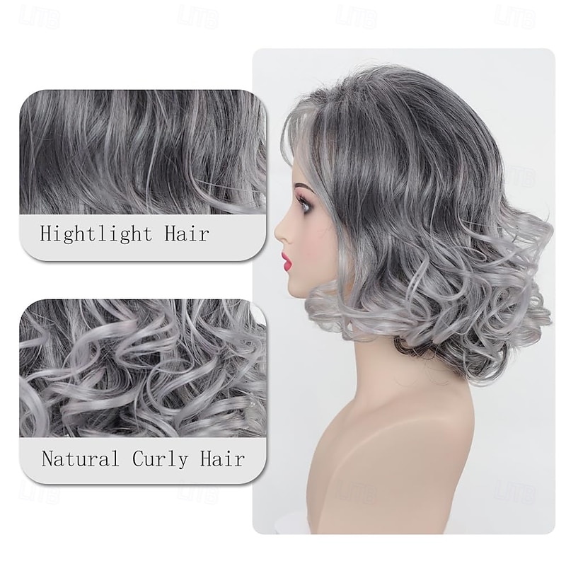 Medium Grey Wavy Bob Wigs for Women Gray to White Layered Wig Old Lady Synthetic Wig for Daily Party Costume Halloween Use4