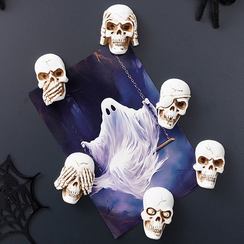6PCS Halloween Resin Skull Magnets Set – Hand-Painted Vintage Style Magnetic Refrigerator Stickers, Easy Detach, Horror Decor for Metal Surfaces, Festive Home & Halloween Party Decoration3