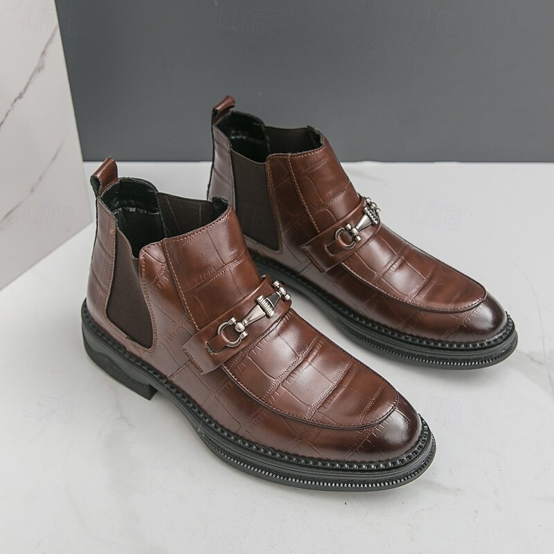 Men's Brown Chelsea Boots with Metal Buckle, Faux Leather Slip-On Ankle Dress Boots for Business, Office and Formal Wear2