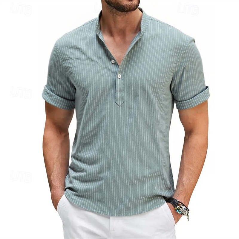Men's Shirt Popover Shirt Summer Shirt Casual Shirt Beach Shirt White Light Green Pink Navy Blue Sky Blue Short Sleeve Stripes Band Collar Vacation Hawaiian Clothing Apparel Cotton Blend Fashion