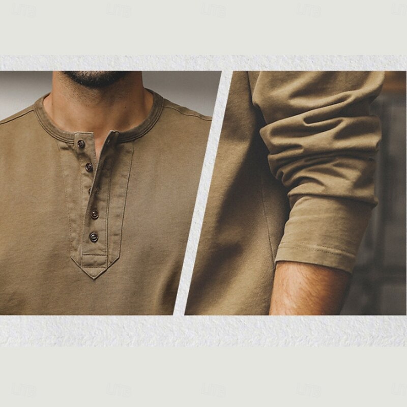 Men's Henley Shirt Vintage Shirt Long Sleeve Retro Vintage Vintage Style Washed Henley Casual Spring &  Fall Dark Brown Gray Henley T-Shirt3