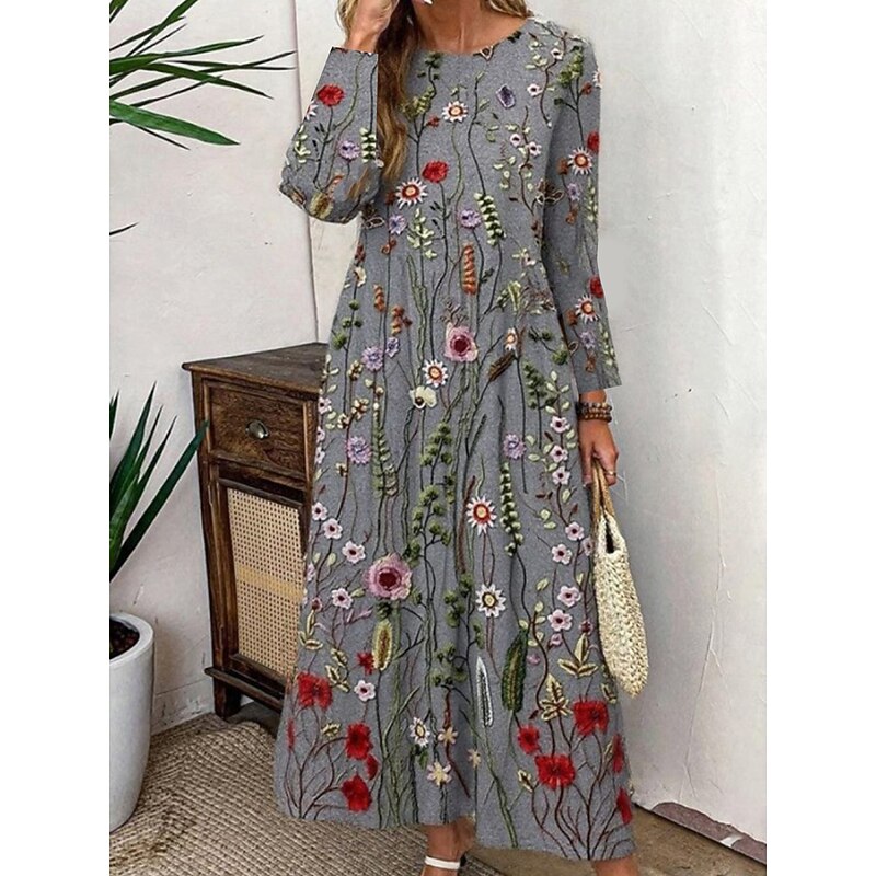 Women's Midi Dress Sheath Dress T Shirt Dress Tee Dress Vacation Casual Boho Daily Holiday Date Graphic Long Sleeve Crew Neck Gray