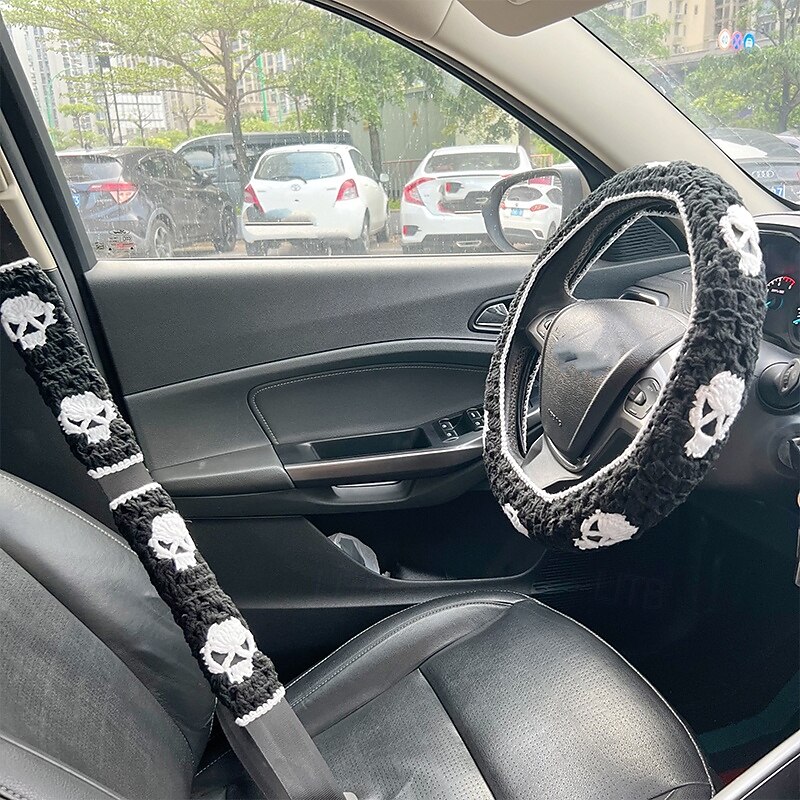 3-Piece Set Halloween Skull Crochet Car Steering Wheel Cover - Handmade Warm & Non-Slip Fabric Accessory for Vehicle Interior