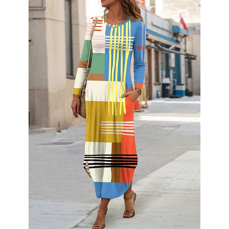 Women's Maxi Dress Sheath Dress T Shirt Dress Tee Dress Vacation Casual Holiday Date Regular Fit Graphic Geometric Long Sleeve Crew Neck Yellow Navy Blue Blue Orange Spring Fall3