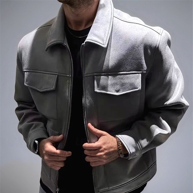 Men's Faux Suede Jacket Cargo Jacket Casual Jacket Vacation Daily Warm Pocket Fall Winter Plain Fashion Classic Lapel Regular Black Brown Gray Jacket2
