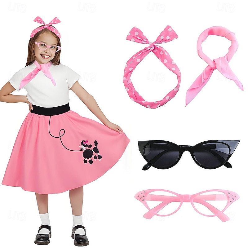 Retro Vintage 1950s Grease Outfits Dress Outfits Poodle Skirts Printing Fancy Dress Girls' Carnival Masquerade Performance Party Kid's Dress2