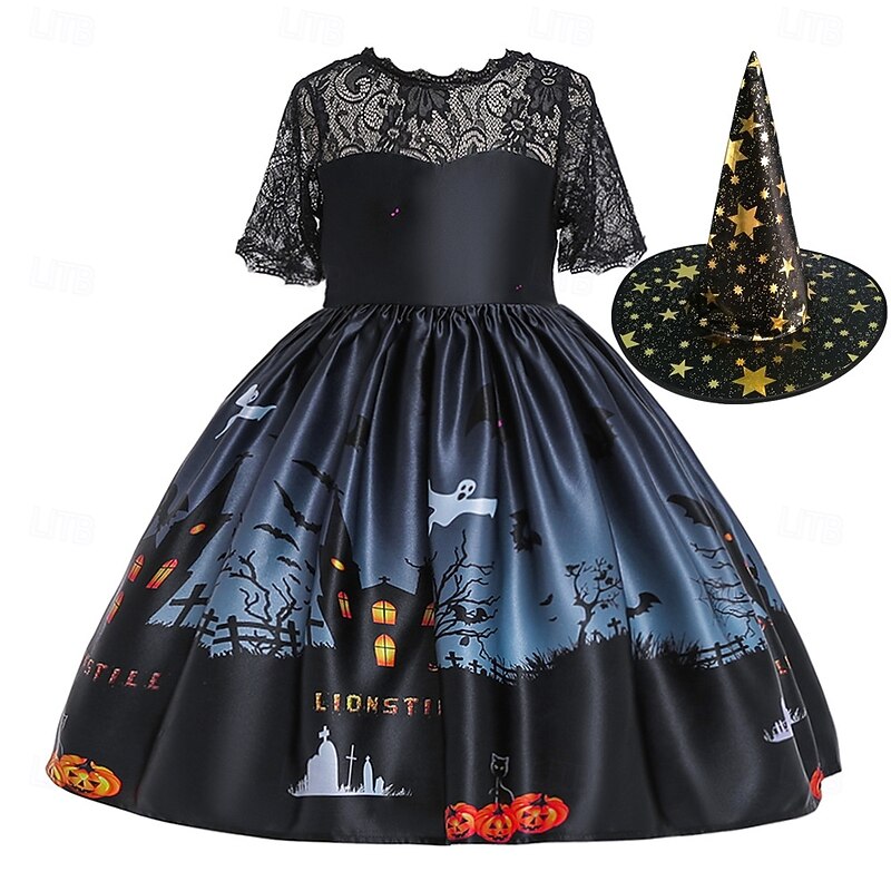 Kids Girls' Party Dress Graphic Sleeveless Short Sleeve Halloween Party Princess Sweet Polyester Summer Spring Fall 4-12 Years Multicolor Black Red2