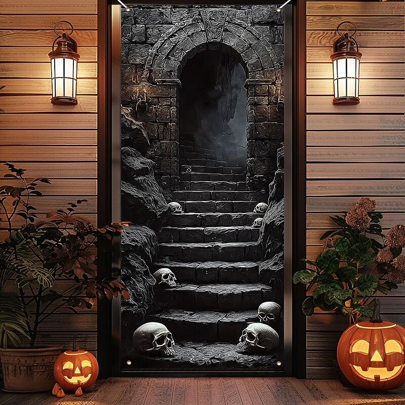 Halloween Door Cover Outdoor Banners Skeleton Stone Stairway 3D Dark Punk Gothic Style Party Outdoor Shooting Backgrounds Front Door Wall Porch Home Decor