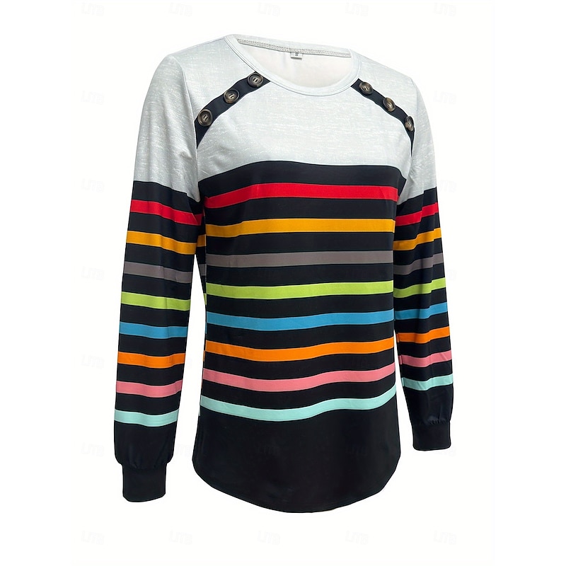 Women's T Shirt Graphic Geometric Vintage Stylish Classic Long Sleeve Crew Neck Regular Tops Daily Going out Weekend Buttons Print White Spring Fall Winter4