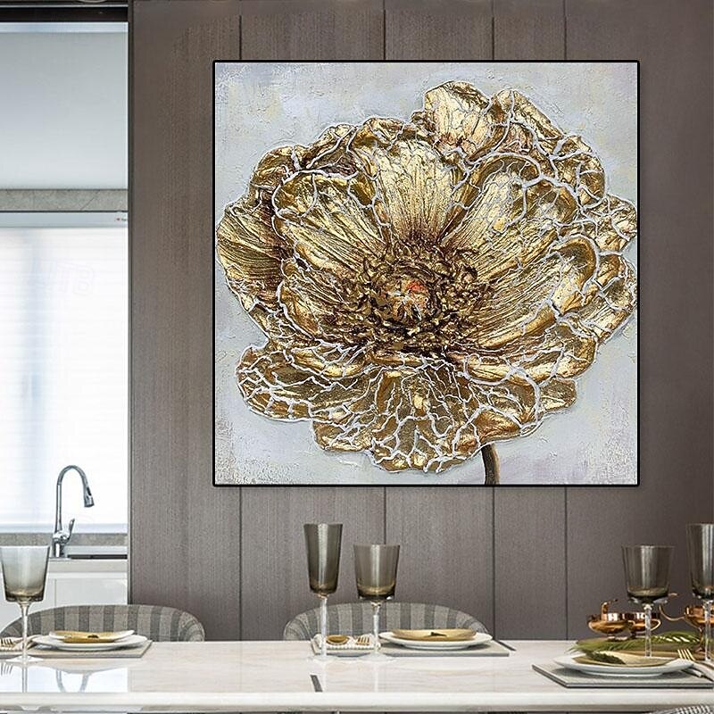 Large Gold Floral Canvas Wall Art Hand Paintings Textured Wall Art, Contemporary Minimalist Wall Art Living Room Bedroom Ready to Hang