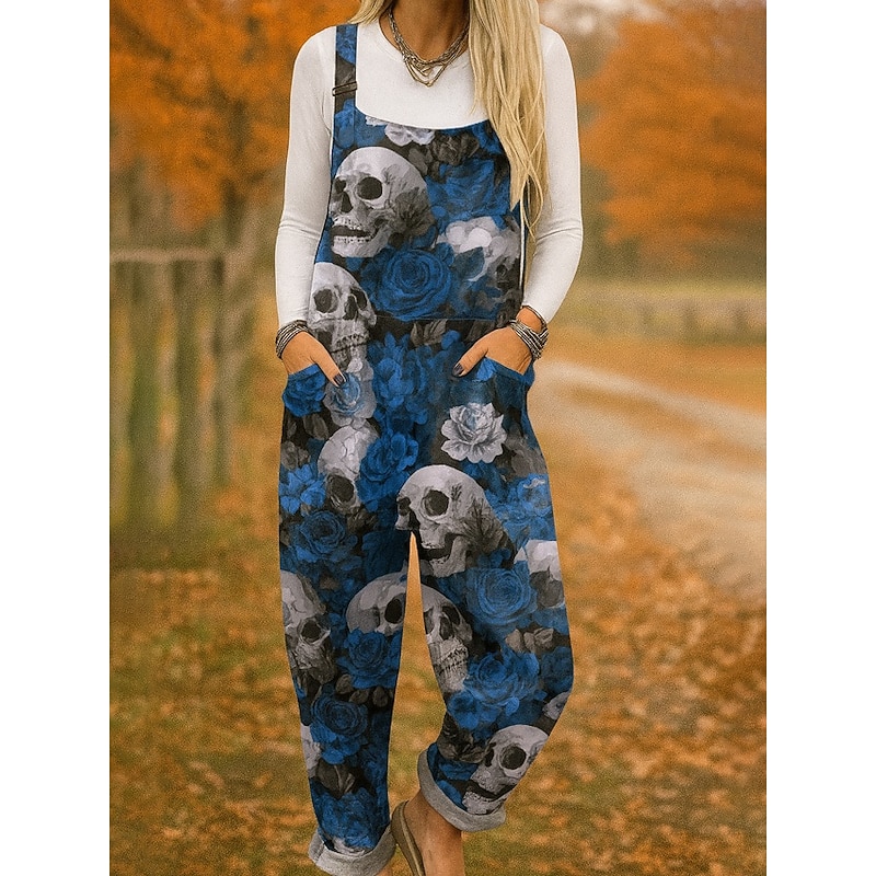 Halloween 100% Cotton Women's Dungarees Lightweight Floral Sleeveless Sleeveless Wide Leg Round Neck Pocket Vacation Daily Loose Fit Black White Red Fall4