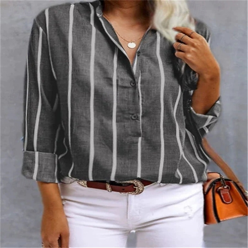 Women's Shirt Blouse Striped Modern Casual Long Sleeve Shirt Collar Regular Tops Daily Holiday Buttons Maroon Red Blue Gray Fall4