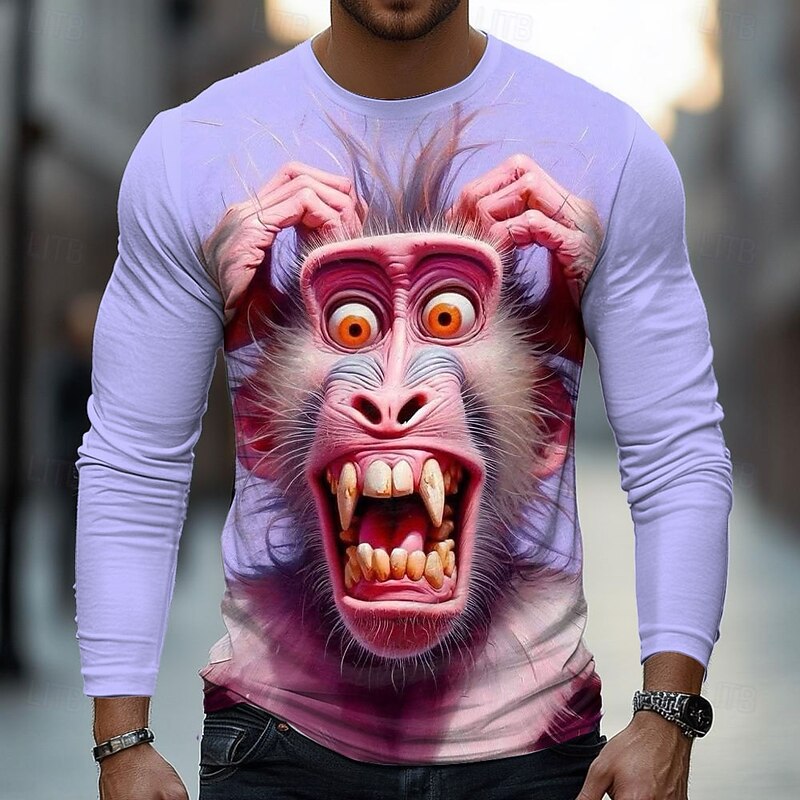Men's 3D Monkey T Shirt Long Sleeve T shirt 3D Print Crew Neck Shirt Fashion Basic Street Casual Daily Light Purple Purple Summer Spring Clothing Apparel S M L XL XXL XXXL