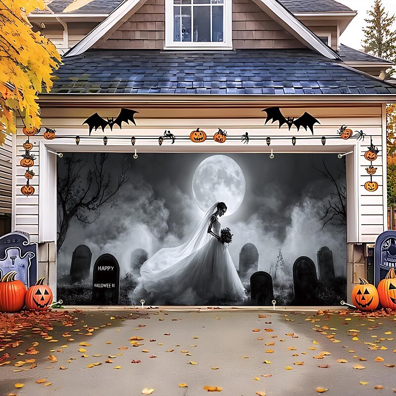 Halloween Tapestry Garage Door Cover Large Hanging Backdrop Ghost Bride Dark Punk Gothic Style Party Outdoor Shooting Backgrounds Yard Haunted House Home Decor4