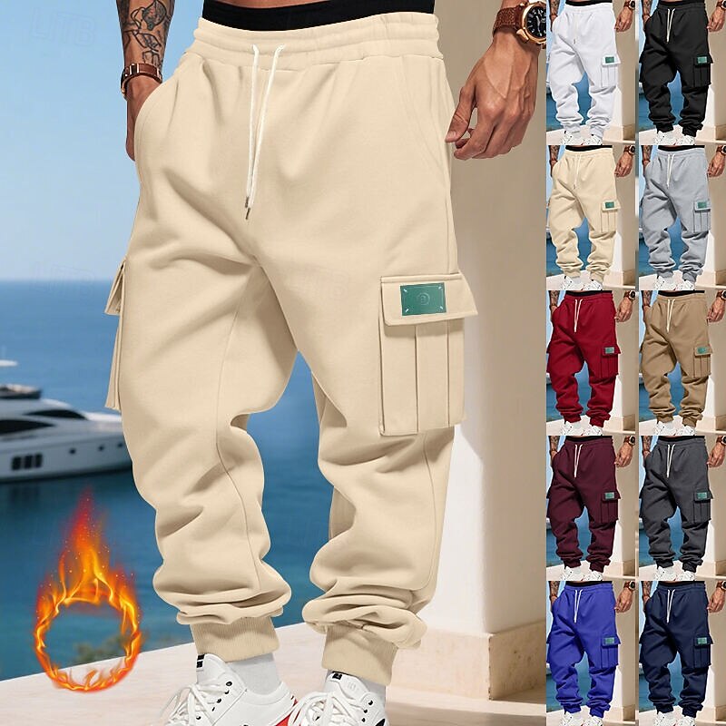 Men's Sweatpants Fleece Pants Joggers Winter Pants Cargo Sweatpants Drawstring Pocket Elastic Waist Plain Comfort Warm Sports Outdoor Daily Fashion Casual Black White Micro-elastic