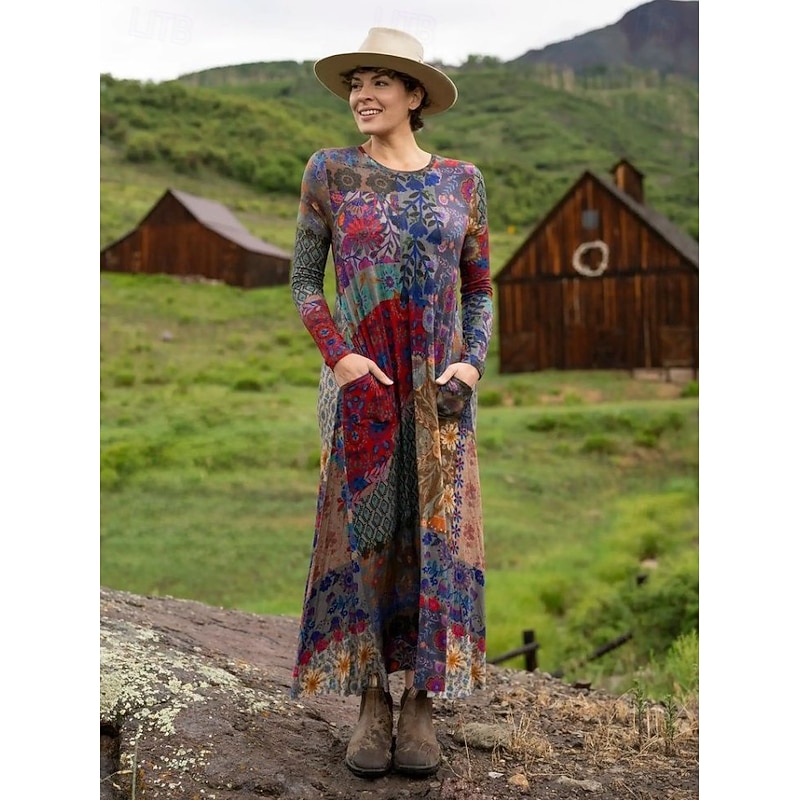 Women's Maxi Dress Sheath Dress T Shirt Dress Tee Dress Vacation Casual Boho Holiday Date Regular Fit Floral Graphic Geometric Long Sleeve Crew Neck Deep Purple Pink Red Blue Spring Fall