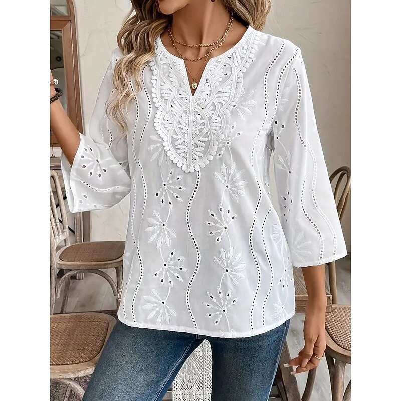 Women's Boho Shirt Dressy Tops Solid Color Floral Casual Boho 3/4 Length Sleeve Elbow Sleeve Bell Sleeve V Neck Long Tops Daily Going out Embroidered White Summer Fall